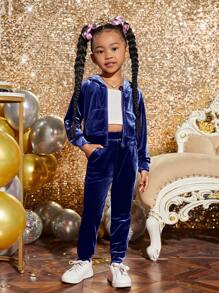 SHEIN Jong meisje mode feest fluwelen effen kleur capuchon vest set