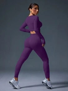 SHEIN Sport Studio Women Solid Color Round Neck Long Sleeve Top & Pants Sports Suit, Minimalist Design Gym Set Workout Women Set