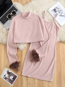 Women 2pcs Set Fuzzy Long Sleeve Top & Slip Dress, Casual Autumn/Winter Matching "Mommy And Me" Outfits (Sold Separately, 2 Sets) Fall Cloth For Women - Dusty Pink - View 1