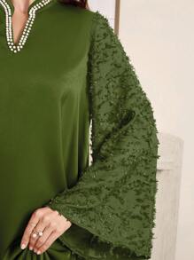Al Najma 绿色女式缺口领喇叭袖仿珍珠装饰优雅阿拉伯连衣裙，优雅朴素的华丽束腰外衣阿拉伯连衣裙，适合晚会/休闲日常 - 綠色 - 查看 8