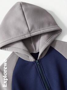 SHEIN 少女山地图案撞色插肩袖长袖连帽休闲连衣裙，秋季 - 藍色 - 查看 5
