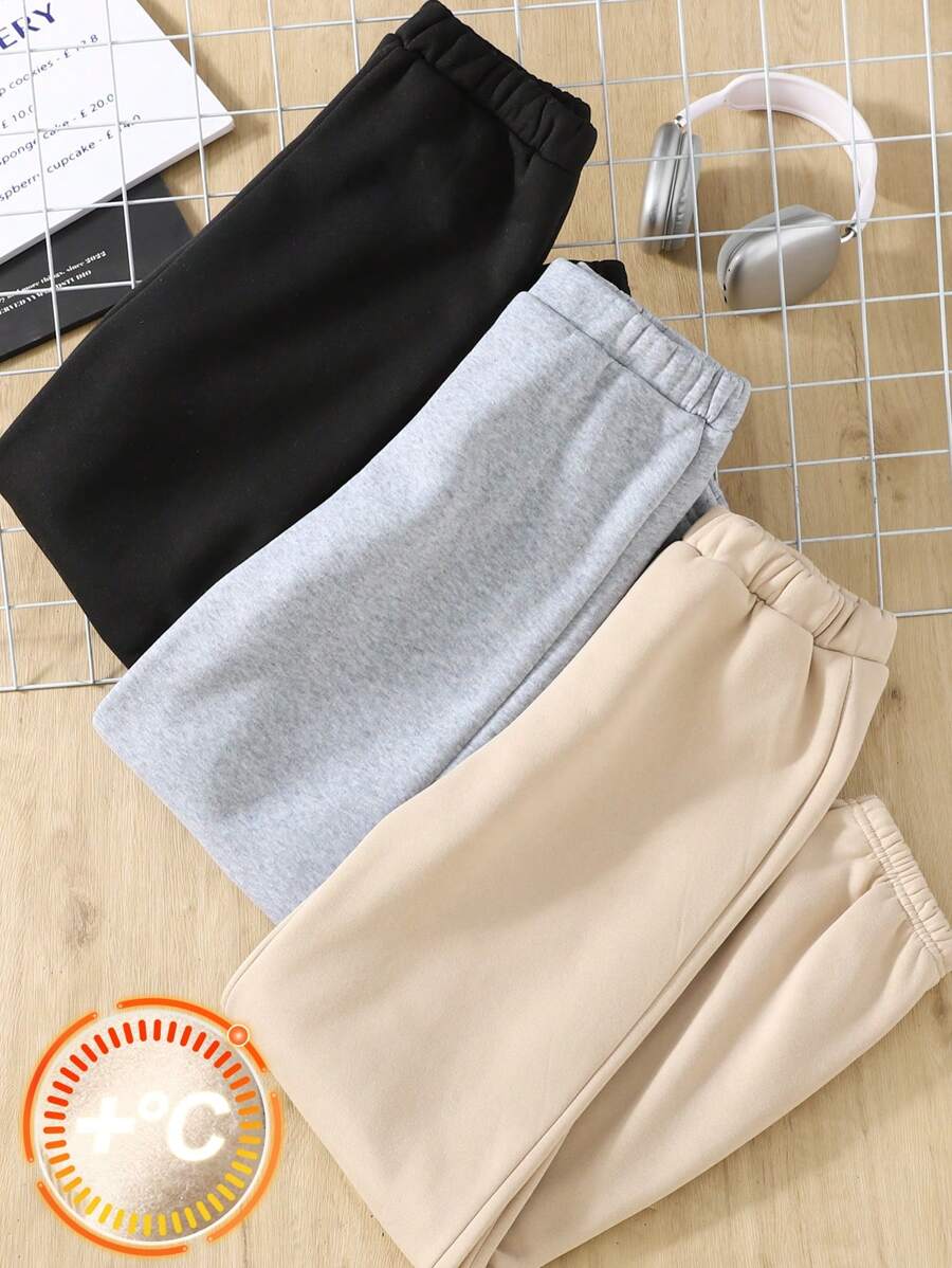 SHEIN Leap Crew 3 件套 Tween 女童宽松休闲简约舒适纯色中腰抽绳运动裤 - 杏色 - 查看 1