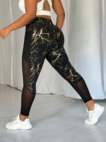 SHEIN Sport Studio Plus Size All-Over Print Elastic Waist Fitness Leggings, Suitable For Yoga Exercises