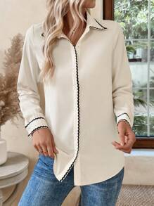 SHEIN LUNE 女式休闲宽松衬衫，适合秋冬季，翻领，长袖，正面有纽扣，衣领、袖口、门襟上饰有撞色荷叶边，日式风格，编织面料