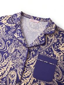 LUVLETTE Conjunto de pijama longo feminino em algodão com estampa paisley, calça com bolsos, lingerie, ideal para o outono, primavera e verão. - Azul e branco - Ver 3