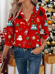 SHEIN LUNE Dames Casual Eenvoudig Kerst Hertenpatroon Kantoorkleding Print Shirt, Geschikt Voor Herfst/Winter
