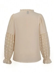 EMERY ROSE Swiss Dot Frill Trim Flare Sleeve Tie Neck Blouse,Ladies Casual Knot,Ruffle Long Sleeve Tie Neck Regular Fit Regular Apricot Flare Sleeve Top Women Blouses,Spring/Fall ,Casual Daily Wear