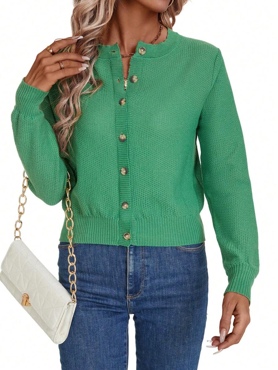 SHEIN LUNE Short Solid Color Buttoned Front Casual Knitted Long Sleeve Cardigan Fall Cloth For Women - Green - View 1