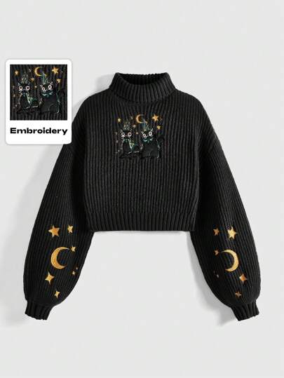 Libbyframe Mysterious Cat & Moon Embroidery High Neck Long Sleeve Pullover Sweater
