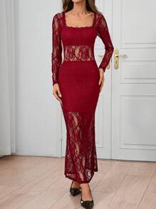 SHEIN Clasi Women's Fashionable Versatile Fashion Black Lace Mermaid Party Dress, Autumn/Winter