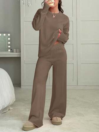 CovetEZ 女士纯色圆领长袖毛衣和长裤休闲常规装，秋冬