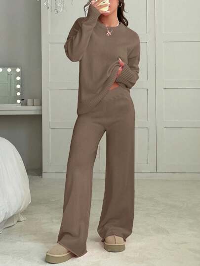 SHEIN EZwear Women Solid Color Crew Neck Long Sleeve Sweater And Long Pants Casual Regular Outfit, Autumn/Winter