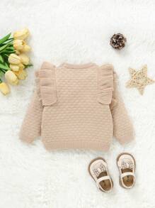 Baby Girls Casual Retro Brown Ruffle Trim Pullover Sweater - Khaki - View 2