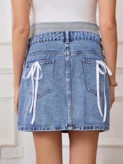 SHEIN Maternity Casual Multi-Pocket Denim Skirt, For Daily Wear