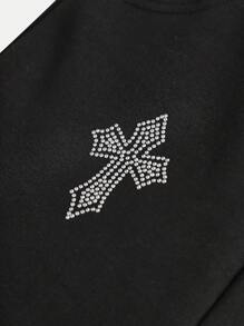 SHEIN Tween Girl Casual Minimalist Comfortable Rhinestone Decor Mid-Waist Versatile Leggings - Black - View 3