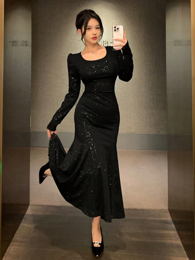 Women Sequin Round Neck Mermaid Midi Dress Prom Dress Party Women,Fall Clothes,Back To School Clothes Homecoming Dresses Long Sleeve Dress Luxury New Years Women Outfit Carnival Sparkly Dress