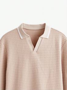 Manfinity Homme Camisa tipo polo de manga larga con textura en el cuello, color liso a cuadros, para otoño