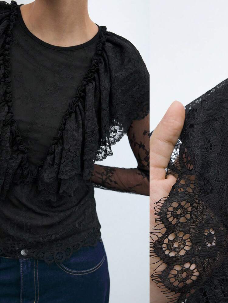 SHEIN Maija Nova Top Elegante e Luxuosa com Renda Salmão para Mulheres, Estilo Chic Urbano, para Uso Diário, Romântica e Adequada para Festas de Feriado, para o Outono/Inverno