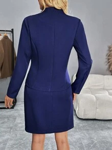 SHEIN Clasi 收腰修身西装外套和铅笔裙套装 - 藏蓝色 - 查看 2