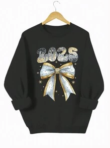 INAWLY 女式宽松落肩新年蝴蝶结图案运动衫 - 黑色 - 查看 1