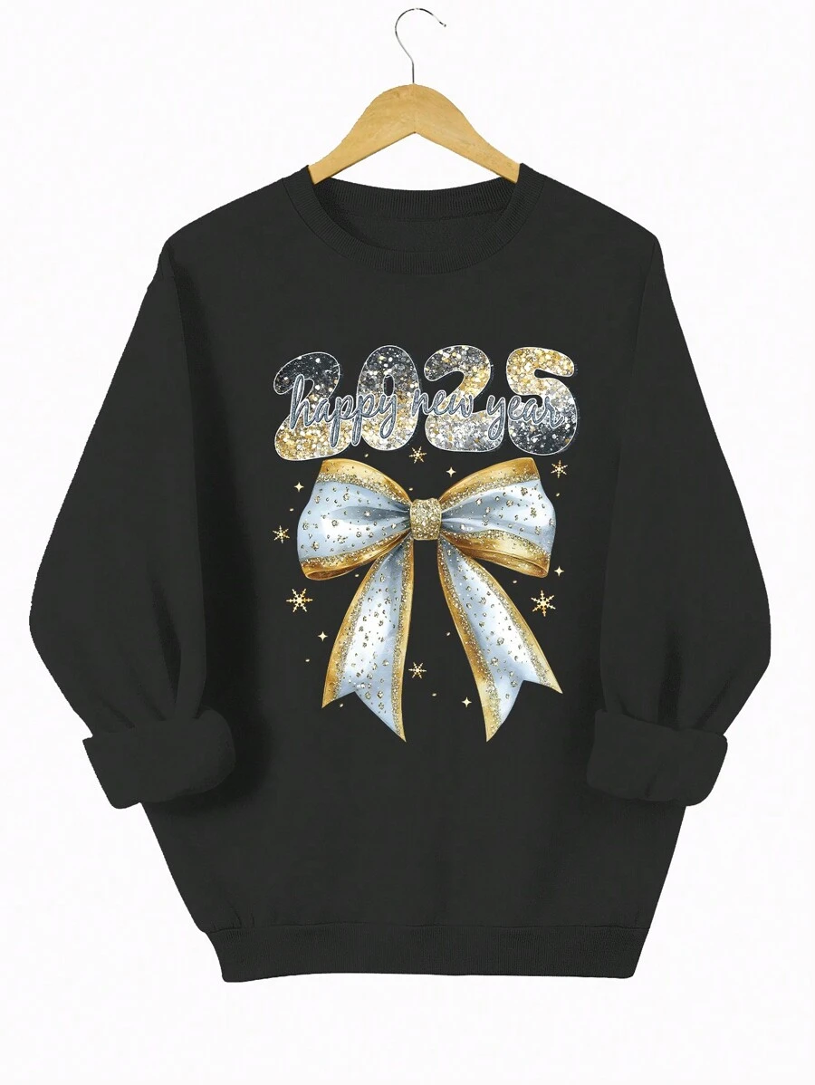 INAWLY 女式宽松落肩新年蝴蝶结图案运动衫 - 黑色 - 查看 1