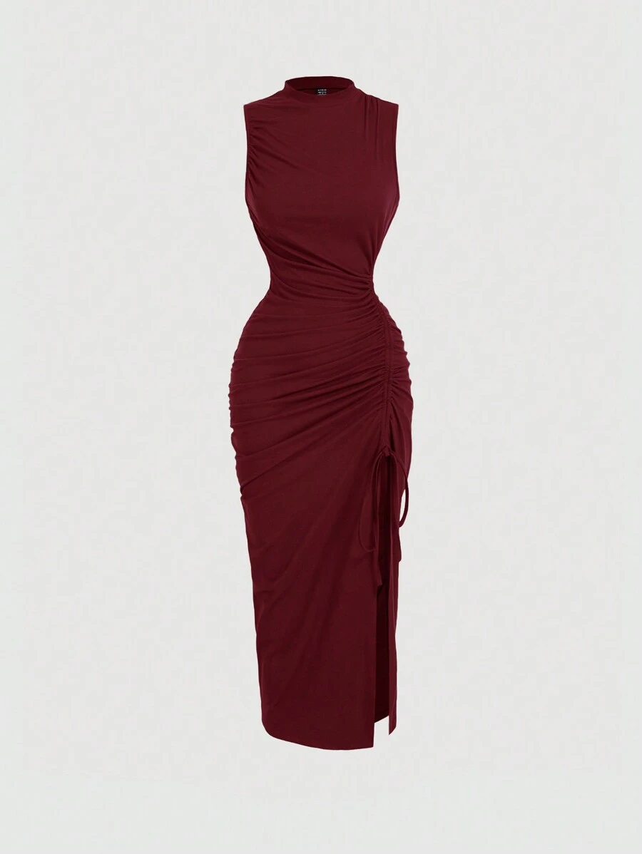 SHEIN MOD فستان نسائي متناسق بياقة وبدون أكمام بطول متوسط بلون أحمر - عنابي اللون - مشاهدة 1
