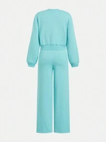 Teenager Girls Casual Simple Personalized Street Style Letter Jacquard Knit Texture Sweater And Straight Leg Pants Set, Great For Keeping Warm In Autumn & Winter