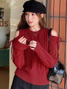 DAZY Suéter de manga larga con hombros abiertos y nudo delantero de unicolor para mujer, otoño/invierno