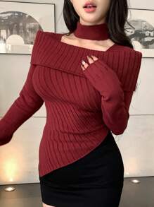 DAZY Áo len nữ cổ yếm không đối xứng ôm sát màu trơn, quần áo mùa thu - Màu Đỏ Sâu - Xem 6