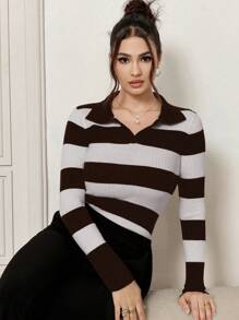 Mulvari Women's Simple Striped Casual Sweater, Daily Wear - Brown - View 5