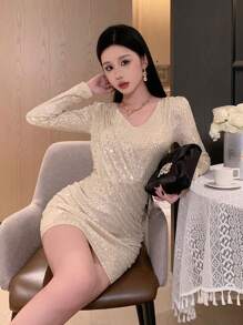 DAZY Women's Ruffle Glamorous V-Neck Sequin Party Short Dress With Long Sleeves Prom Dress Party Women,Mini Dress