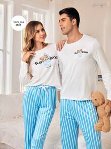 CoupledUp Conjunto de Pijama Masculino com Urso Fofo, Camiseta de Manga Longa e Calça de Cordão Listrada