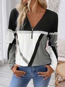 SHEIN LUNE Maglietta casual da donna a maniche lunghe con collo a mezza zip, magliette con stampa grafica geometrica, top da donna per primavera e autunno - Multicolore - Visualizzare 6