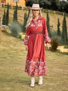 LanaWest Vestido largo casual de mujer de manga larga con botones frontales, plisado y estampado floral para el Año Nuevo