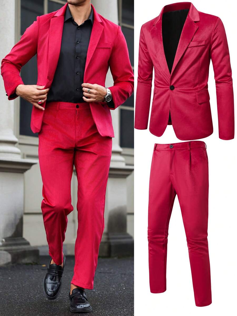 Calvornis Herren Einfarbiger Jackett-Kragen Langarm Jacke und Hose Business Anzug Set, Herbst, für Weihnachten - Bordeaux - Übersicht 1