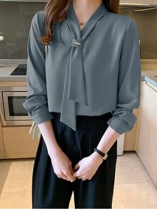 Women's Autumn Solid Color Tie Design Long Sleeve Elegant Commuter Shirt
