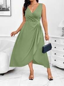 Celure Vestido de talla grande de unicolor y sin mangas con envolvente, vestido largo de mujer de verano