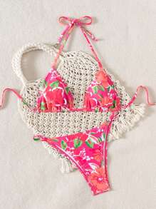 SHEIN Swim Women's Floral Print Sexy Halter Tie Bikini Swimwear, Split-Style, Random Print Summer - Pink - View 5