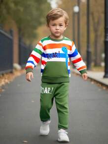 2pcs/Set Toddler Boy Vivid Color Striped Long Sleeve Top, Vibrant And Adorable
