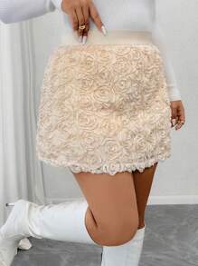 Celure Plus Size Elegant Apricot A-Line Skirt, 3D Rose Floral Decor Knee Length Skirt, Suitable For Valentine's Day