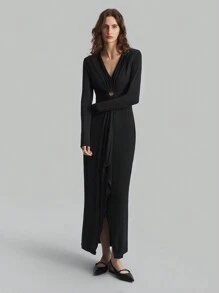 SHEIN X Angie Costa Ontre Women's Black Deep V-Neck Knit Slim Fit High Slit Maxi Party Dress