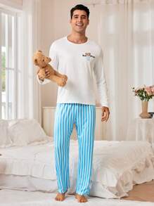 CoupledUp Conjunto de Pijama Masculino com Urso Fofo, Camiseta de Manga Longa e Calça de Cordão Listrada