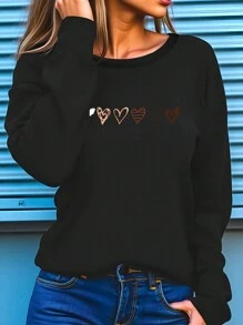 SHEIN LUNE Women's Heart Print Casual Comfortable Long Sleeve T-Shirt,Versatile For Daily & Outdoor Wear Graphic Tees Women Tops For Spring - Black - View 1