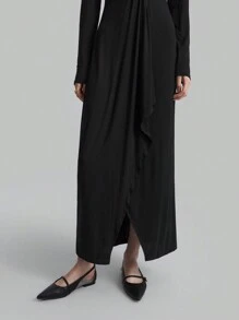 SHEIN X Angie Costa Ontre Women's Black Deep V-Neck Knit Slim Fit High Slit Maxi Party Dress