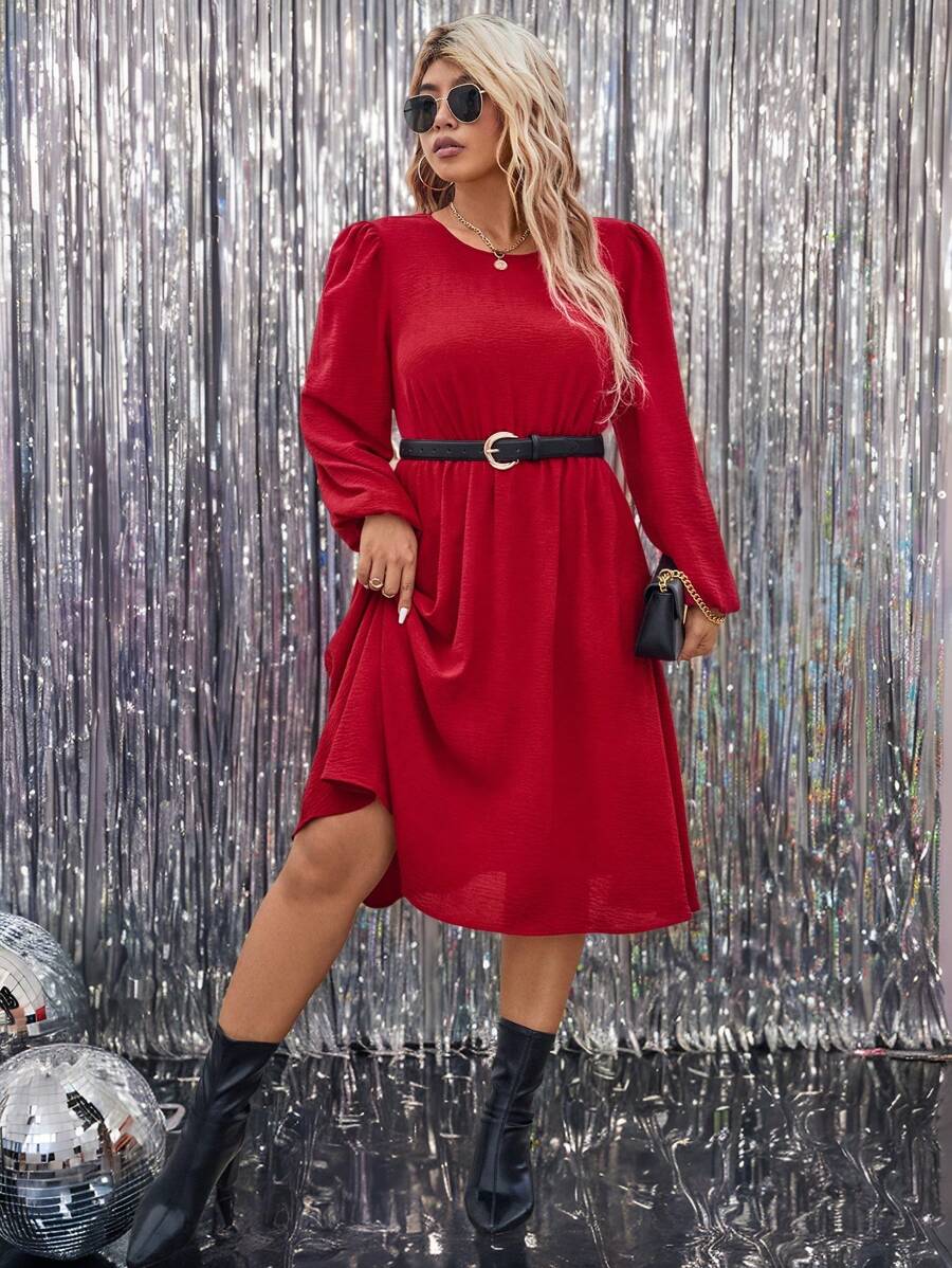 SHEIN LUNE Plus Size Women Solid Color Round Neck Long Sleeve Waist Ruched Midi Dress For Christmas For New Year Clothes - Red - View 1