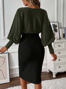 SHEIN Clasi Vestido jersey de Body entallado con manga larga, cuello asimétrico y bloques de color, para otoño/invierno