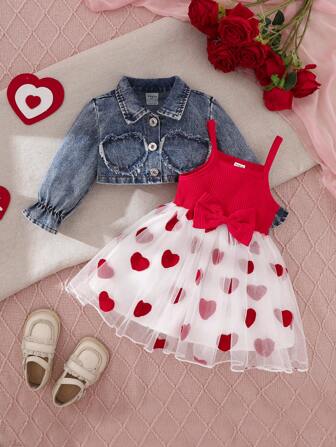SHEIN 2st/set Baby Girl Snygg Casual Heart Brodery Jeansjacka & matchande outfit, vår/sommar