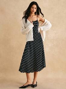 Poéselle 波卡圓點前打結高衩吊帶洋裝 - 黑色 - 查看 7