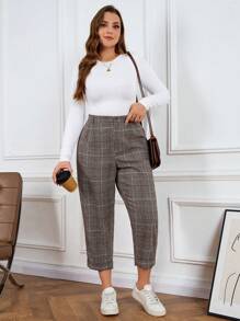 SHEIN LUNE Plus High Fall And Winter Pants Plaid Pattern Waist Plicated Detail Pants Holiday Outfit Party Festival Outfits