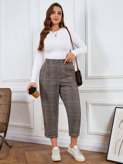 SHEIN LUNE Plus Fall And Winter Plaid Pattern Waist Plicated Detail Pants, Holiday Party Festival